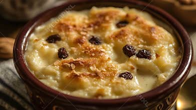 Bread Pudding With Raisins Served in a Brown Bowl