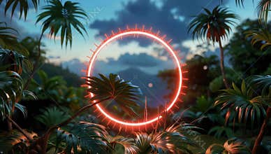 Glowing neon circle illuminates a lush tropical jungle landscape at twilight creating a surreal scene