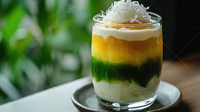 Layered Dessert With Coconut Shavings Sits on Table