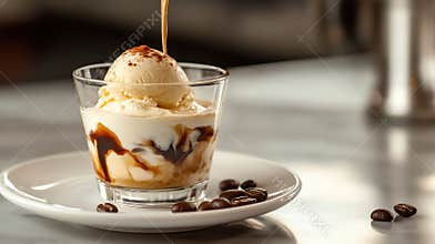 Pouring Hot Espresso Over Vanilla Ice Cream for an Affogato Dessert