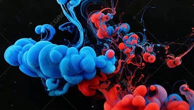 Abstract blue and red ink swirling in water against a black background creates a dynamic effect