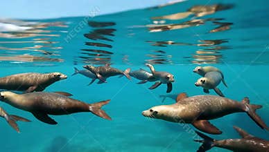 Group of sea lions swimming gracefully in the clear blue ocean water near the surface