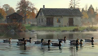 Ducks swim peacefully on a misty lake near a rustic house during a serene autumn morning