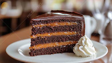 Slice of Sachertorte With Whipped Cream on a Plate at Cafe
