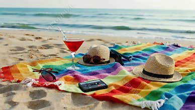 Beach scene with cocktail hats sunglasses and a colorful blanket perfect for summer vibes