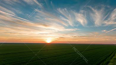Sunrise Over Expansive Green Field with Dramatic Sky and Wispy Clouds