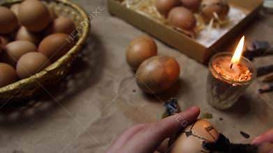 Female hand holding egg and paint pysanka. Preparing for painting Ukrainian Easter eggs decorated with folk designs using a wax