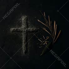 Dark Minimalist Ash Cross with Olive Branch Religious Symbol Still Life, Ai generative