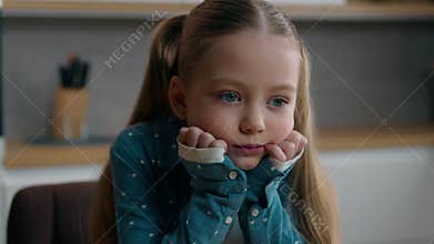 Close up frown sorrow little offended Caucasian sad upset bored child girl orphan unhappy emotional abuse lonely kid at