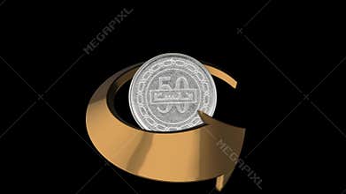 Shiny Bahrain 50 fils coin wrapped by smooth golden arrow with reflective finish, representing financial growth and progress
