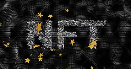 Dotted mesh drifting in, chalk particles forming NFT letters with stars illustrating asset concept