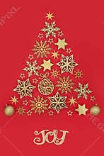 Christmas Tree Shape with Gold Festive Decorations and Joy Sign