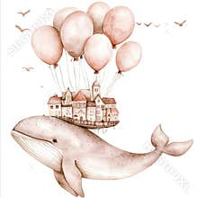 Lovely baby clip art design with a cute watercolor whale, lighthouse, and air balloons. image for kids