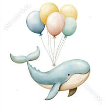 Sweet baby clip art illustration with an enchanting watercolor flying whale and air balloons. Children's stock