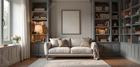 Cozy home interior beige sofa, built-in grey bookshelves with many books. Floor lamp provides warm ambient light. Bright window