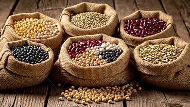 Assorted Legumes and Beans in Burlap Sacks on Rustic Wooden Table Multicolored Kidney Beans Chickpeas and Lentils in Jute Sacks