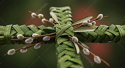 Woven palm cross with pussy willow and dew drops