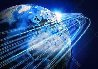 Glowing lines and Earth. Hi-tech background