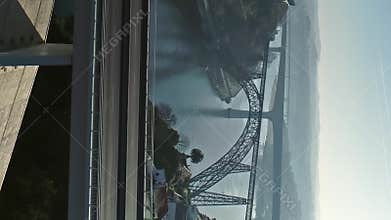 Flying over bridges and Douro river in Porto