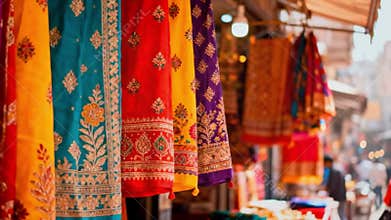 Indian Street Market Scene with Colorful Textiles and Fabrics