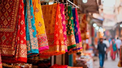 Indian Street Market Scene with Colorful Textiles and Fabrics