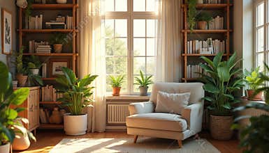 Cozy home library office creates welcoming atmosphere for virtual team meetings, Zoom calls. Minimalist, comfortable workspace