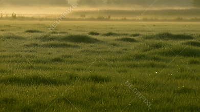 Dawn lit expansive grassy meadow with distant haze and soft golden horizon