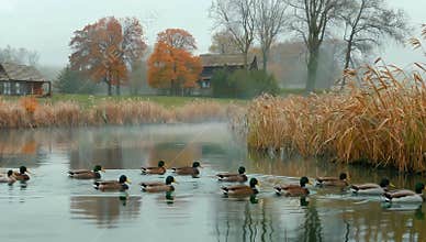 Ducks swim peacefully on a serene lake surrounded by autumn foliage and rustic architecture
