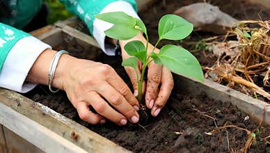 Gardener carefully plants a young seedling in a raised garden bed with rich dark soil