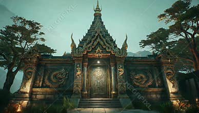 Ornate asian temple with intricate carvings stands majestically against a serene sky backdrop