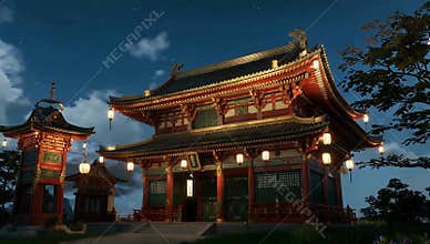 Illuminated traditional chinese architecture with lanterns under a night sky with soft clouds