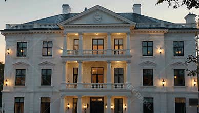 Elegant white mansion with classical architecture and illuminated windows at twilight hour