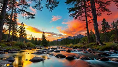 Serene river flows through a forest at sunset creating a beautiful landscape scene view
