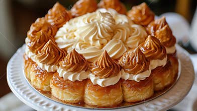 Gourmet Dessert of Puff Pastry and Cream Sits on a White Cake Stand
