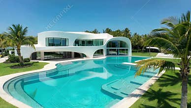 Modern architectural marvel showcases a luxurious pool and tropical landscape on a sunny day