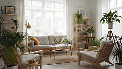 Bright airy living room interior with abundant natural light, plants, and mid-century furniture arrangement