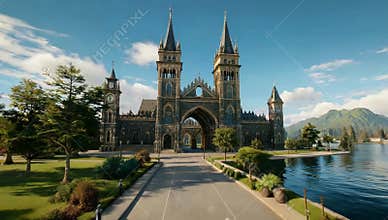 Majestic gothic architecture of a cathedral stands tall near a serene lake under a blue sky