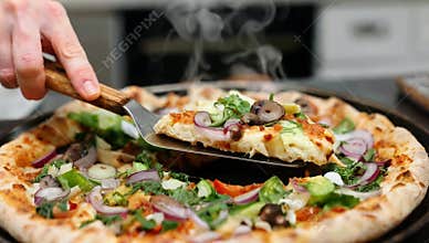 Hand lifts a slice of fresh vegetarian pizza with colorful toppings on a metal serving spatula