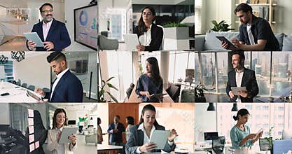 Professionals from various industries interact online using tablets, collage view