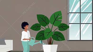 People watering indoor plants together at home illustration animation