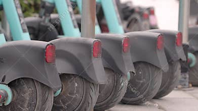 Electric scooters lined up for riders in the city