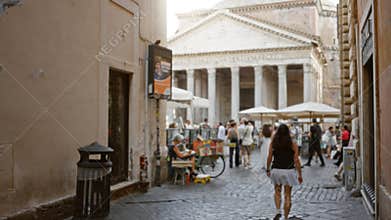 Defocused pantheon plaza with soft bokeh and cobbled stone foreground, distant architecture slightly blurred; background backplate