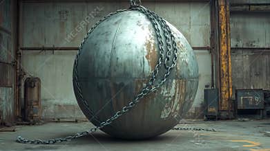 Large metal wrecking ball suspended in an abandoned industrial warehouse interior