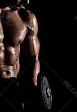 Gym and fitness concept - bodybuilder and dumbbell