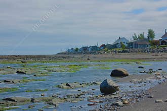 Rocky beach at low tide on the St. Lawrence River along the road to Gaspésie, Quebec, Canada
