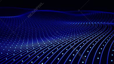 Abstract 3D background of glowing blue neon lines and dots forming smooth digital wave field