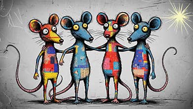 Funny cartoon mice friends gather for a creative day of fun and laughter in a colorful setting