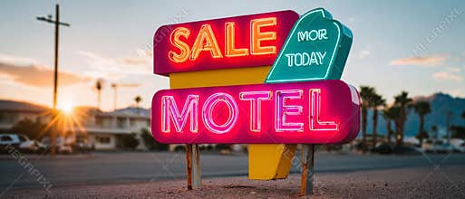 A neon motel sign with a tag, advertising discounted rates at the establishment