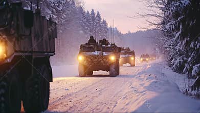 Military convoy moves through snowy forest at dawn in winter