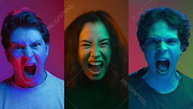 Portraits of Angry People or Men and Woman Screaming Together in Neon Colors